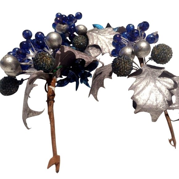 Vintage Set of 3 Blue Silver Holly Berry Sugar Beaded & Rubber Mistletoe 3-4" - Picture 3 of 4